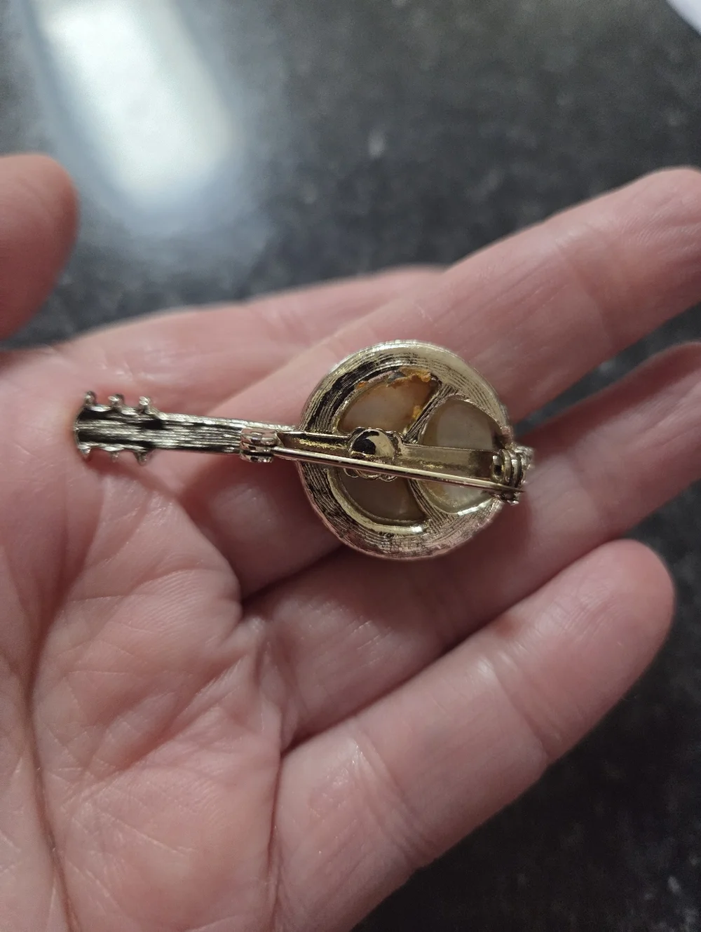 Vintage Banjo Brooch Gold Tone Mother of Pearl Music Pin